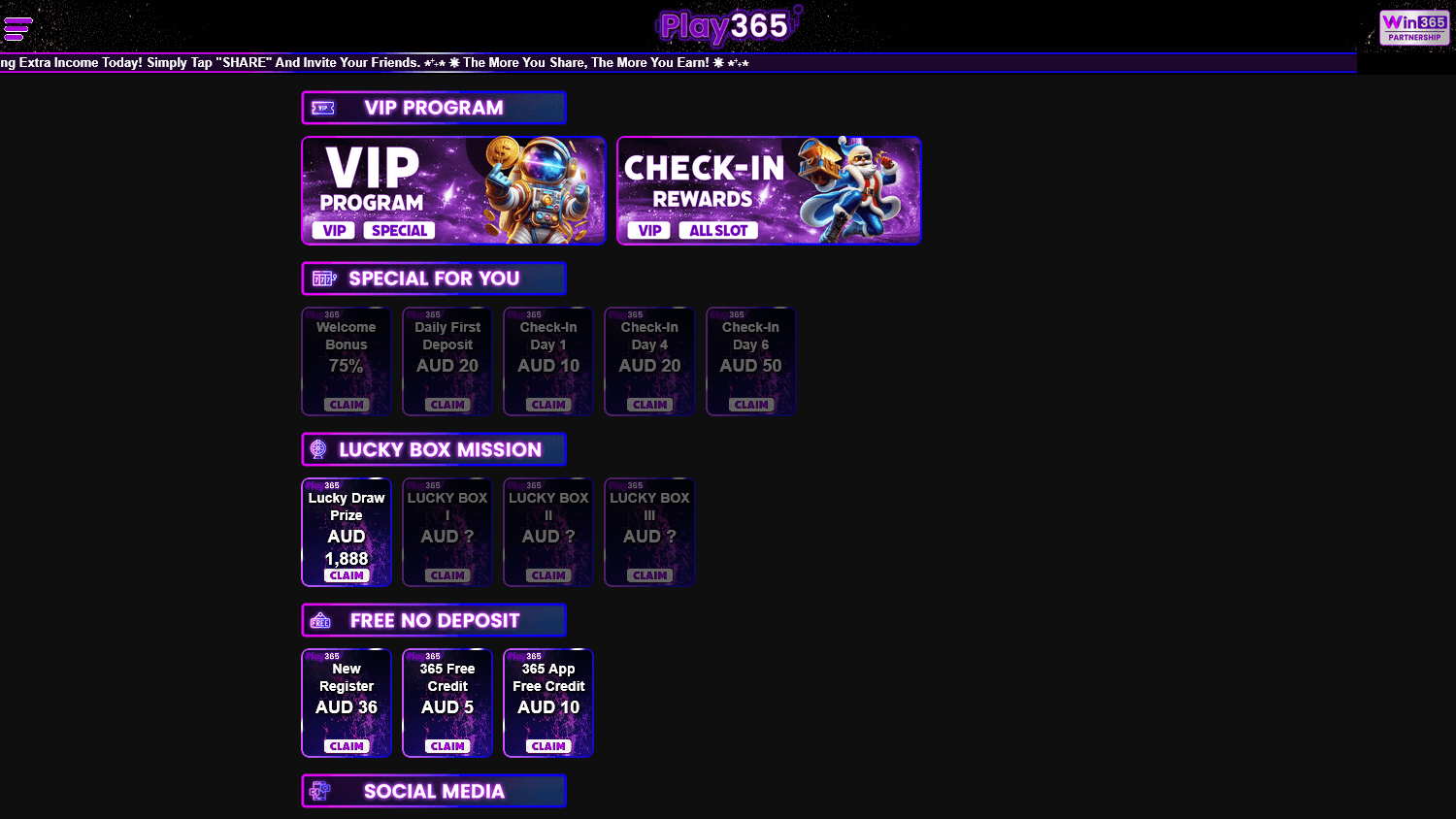 Play365 bonus page