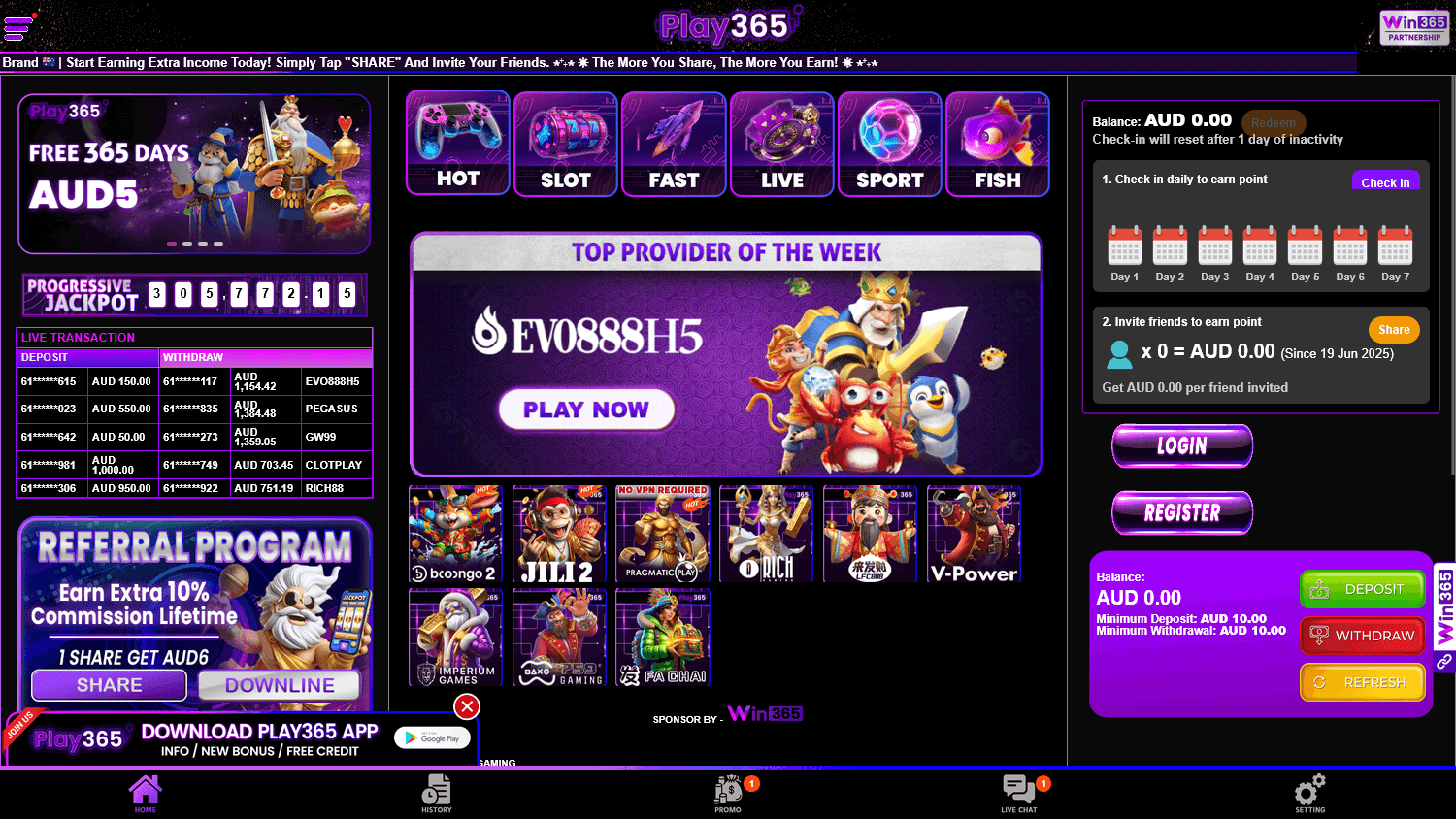 Play365 Casino game lobby
